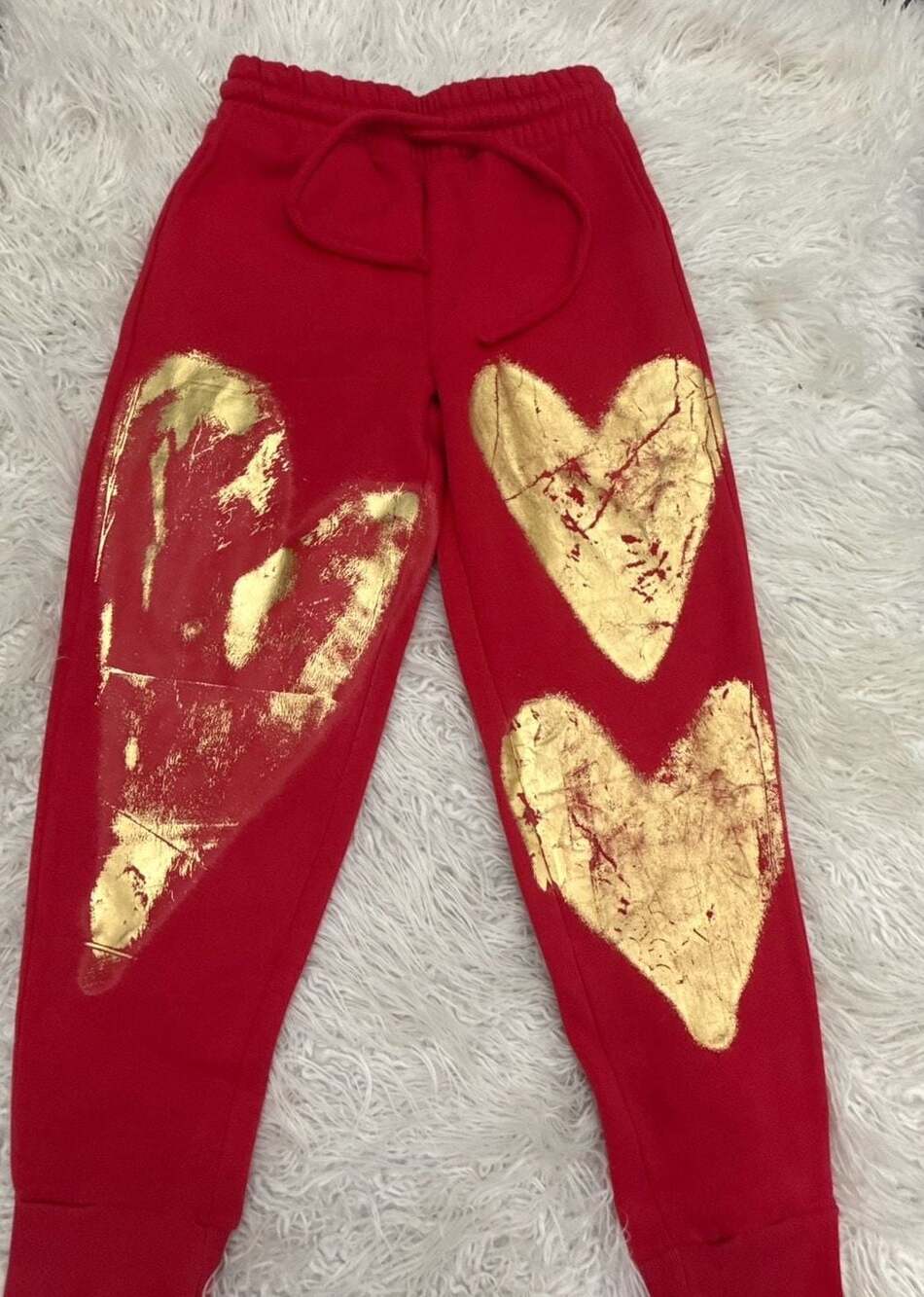 Judith March Small Red Jogger Sweatpants with Gold Heart Foil Print